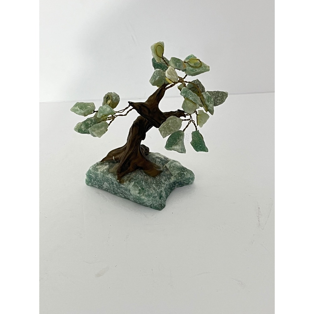 Vintage Green Aventurine Gemstone Bonsai Tree Sculpture 5in Green Quartz Base
